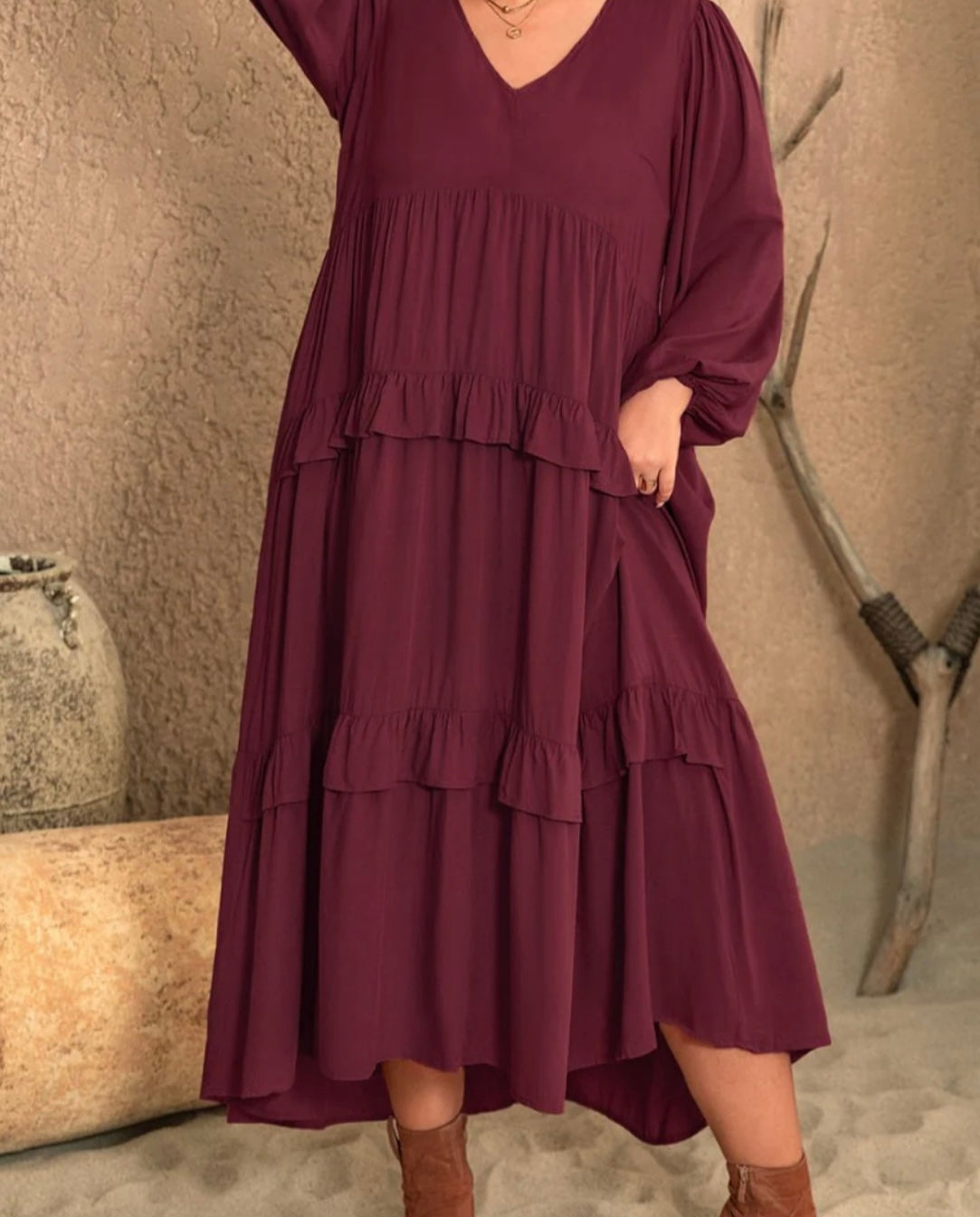 Plus Size Ruffled Vneck Long Sleeve Dress