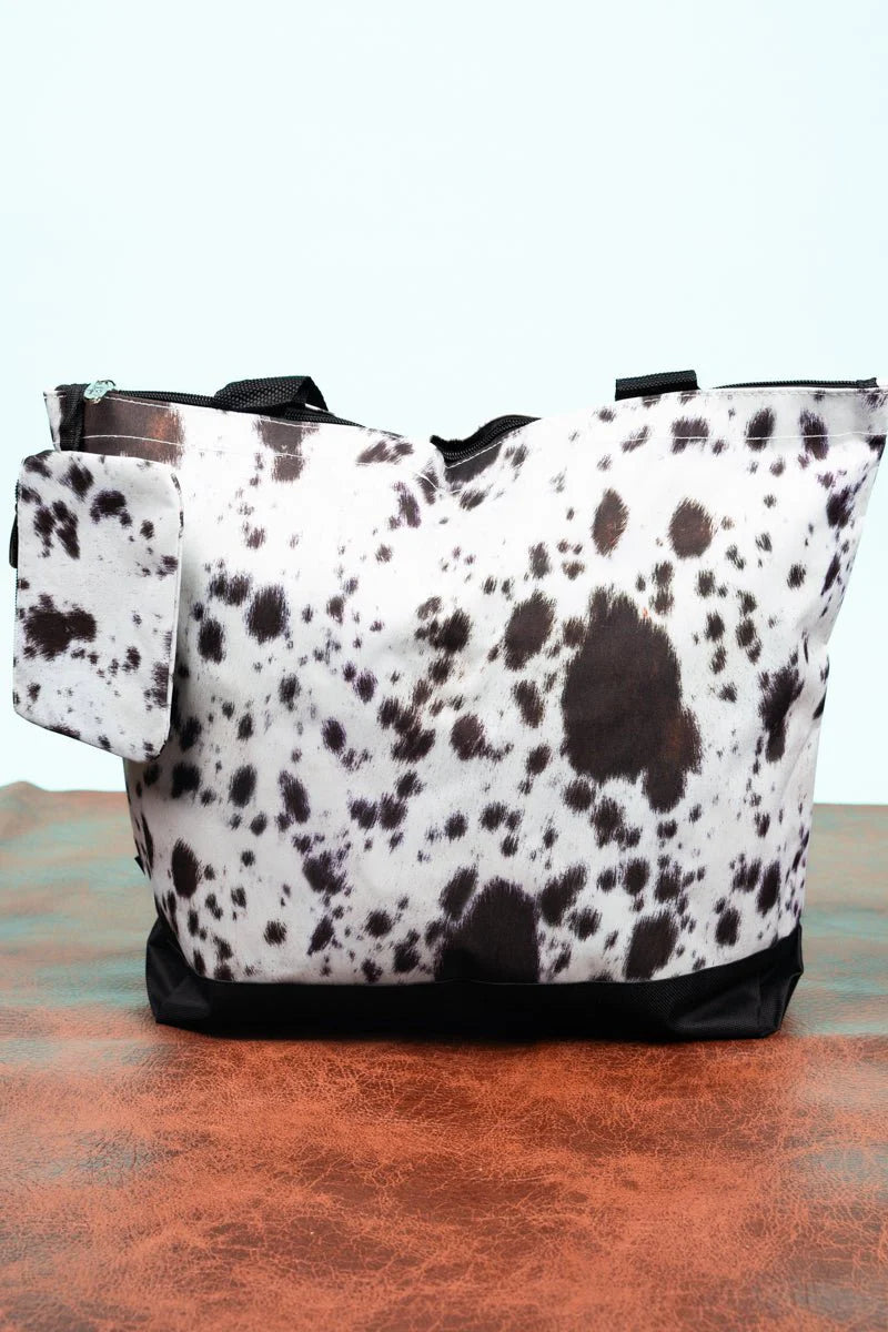 Black Trim Cow Print Tote Bag