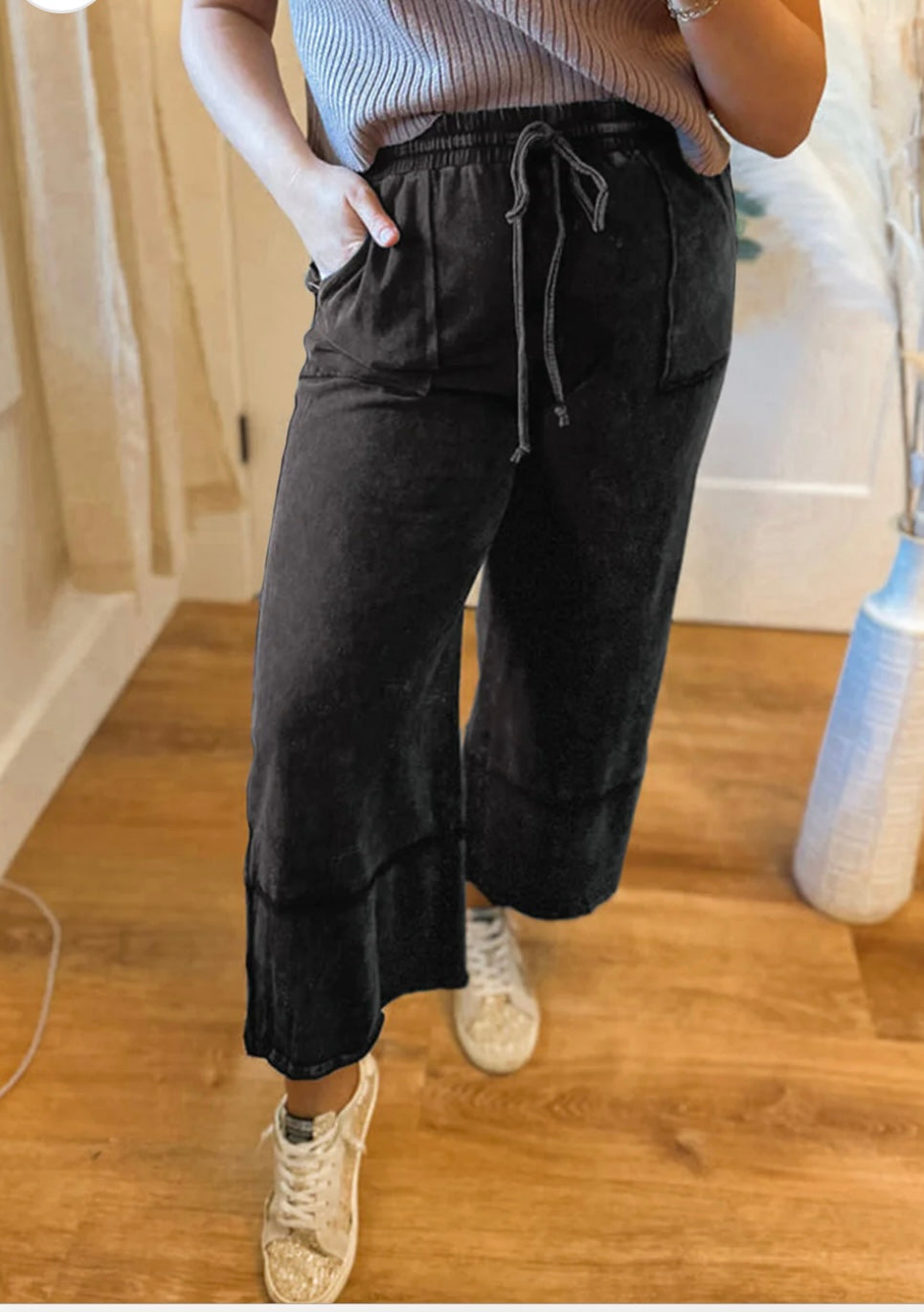 Plus size Wash Exposed Seam Wide Leg Cropped Pants