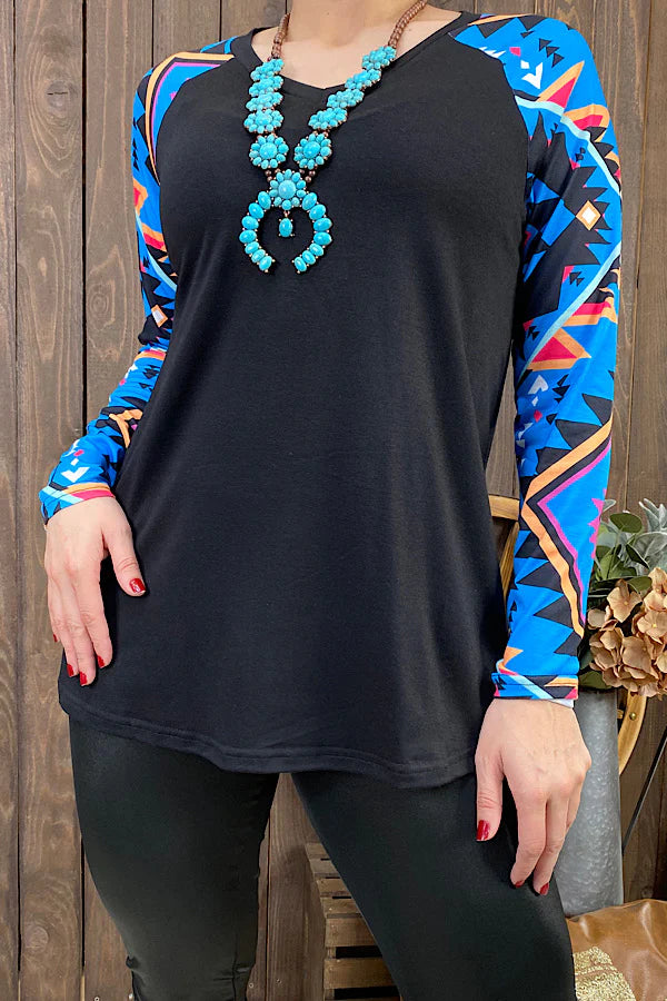 Black Vneck blue Aztec Top