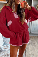 Load image into Gallery viewer, SPLIT DECISION RED DAHLIA HALF BUTTON PULLOVER AND SHORTS SET **SHIPPING EXPECTED TO BEGIN ON DATE 10/29**