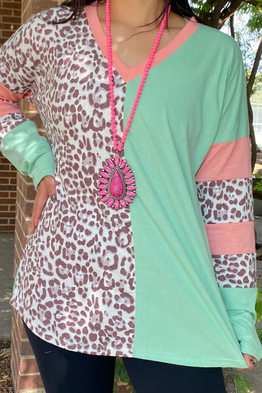 Mint Coral Leopard ColorBlock Top