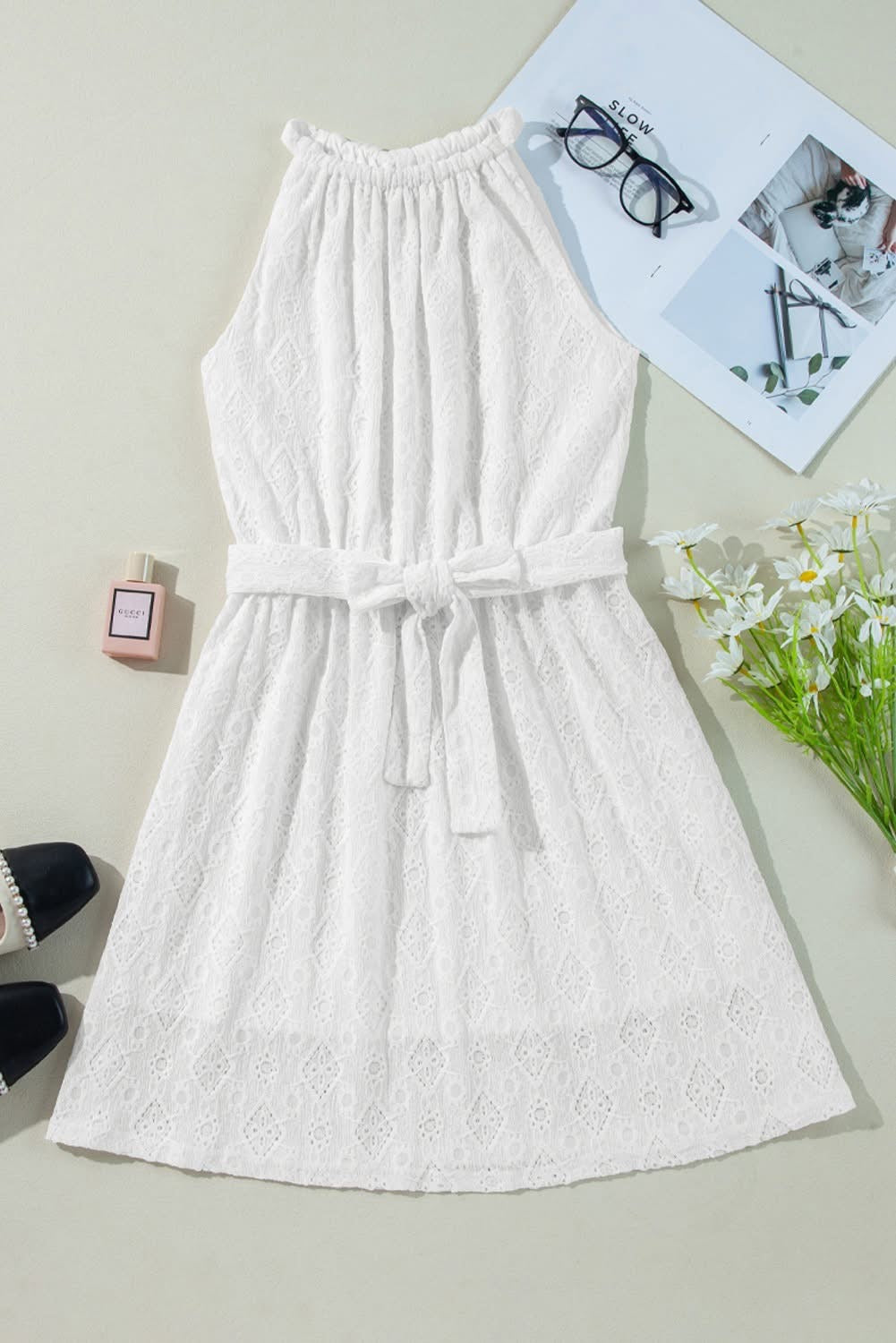 White Lace Sleeveless Tied Waist Mini Dress