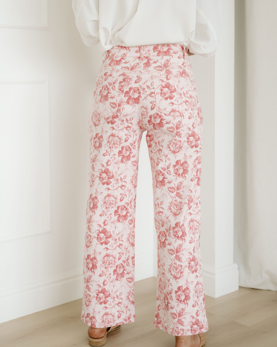 Pink Vintage Floral Print Denim Shift Pants Indie & Co.