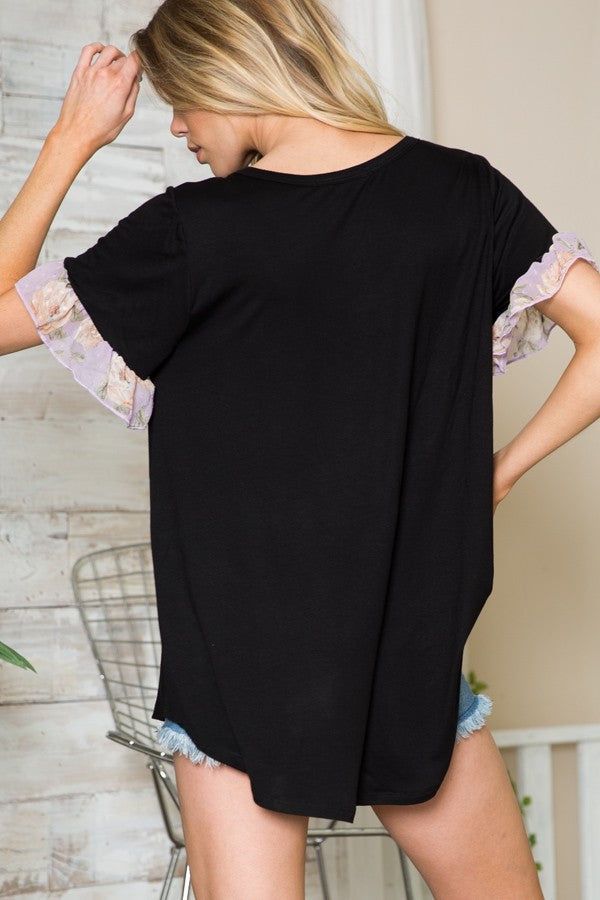 Ruffle Sleeve Contrast V Neck -2 Colors