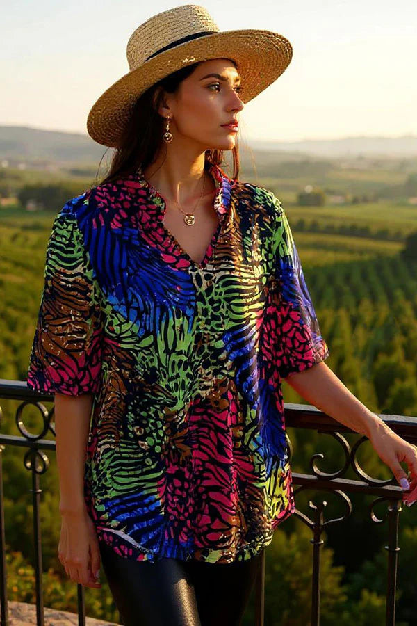 Western Animal Print Color Block Blouse