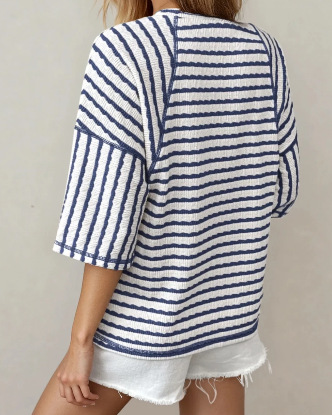 Noelle Textured Knit Split Hem Half Sleeve Loose Top - Blue Indie & Co.