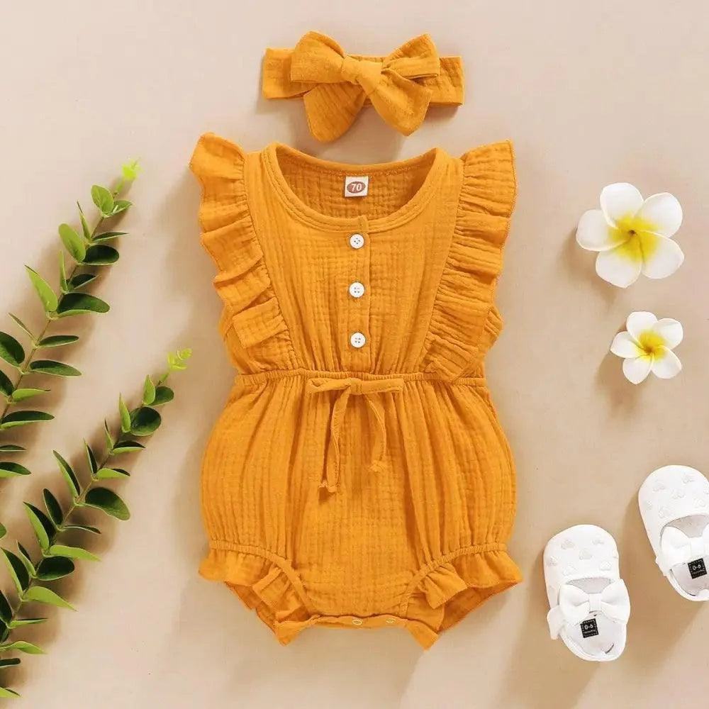 2Pc Summer Newborn Baby Girls Romper Headband Ruffles Sleeveless Clothes - Ruffle Romper Baby girl clothes Stevvex