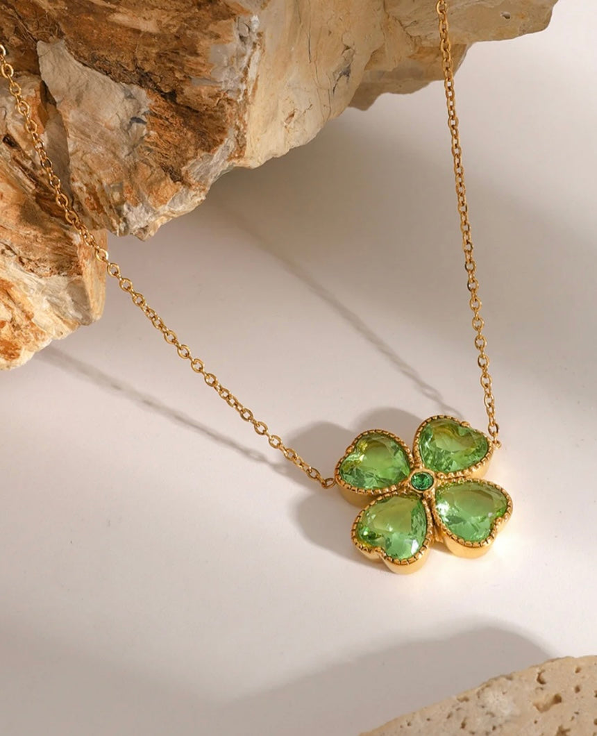 Stainless Steel Zircon Lucky Clover Pendant Necklace