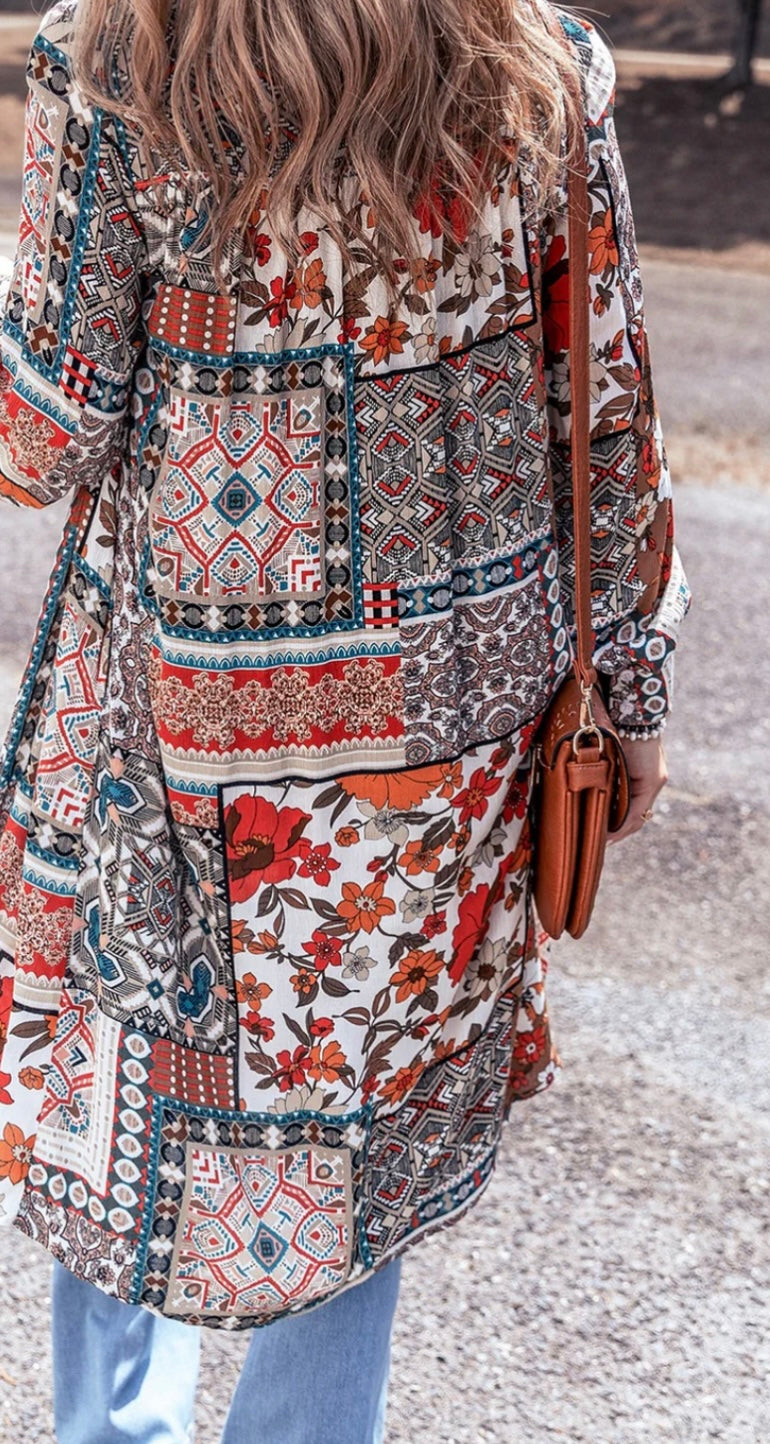 Printed Open Front Collared Neck Cardigan