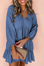 Load image into Gallery viewer, COASTAL CUES ASHLEIGH BLUE RUFFLED CHAMBRAY DRESS **SHIPPING EXPECTED TO BEGIN ON DATE 8/30**