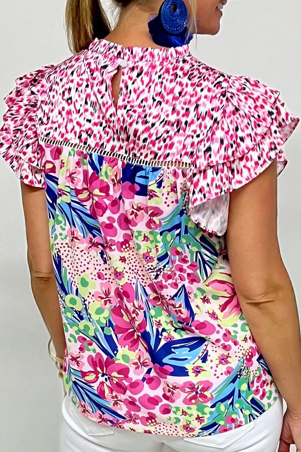 Pink Floral Mixed Ruffle Cap Sleeve Blouse