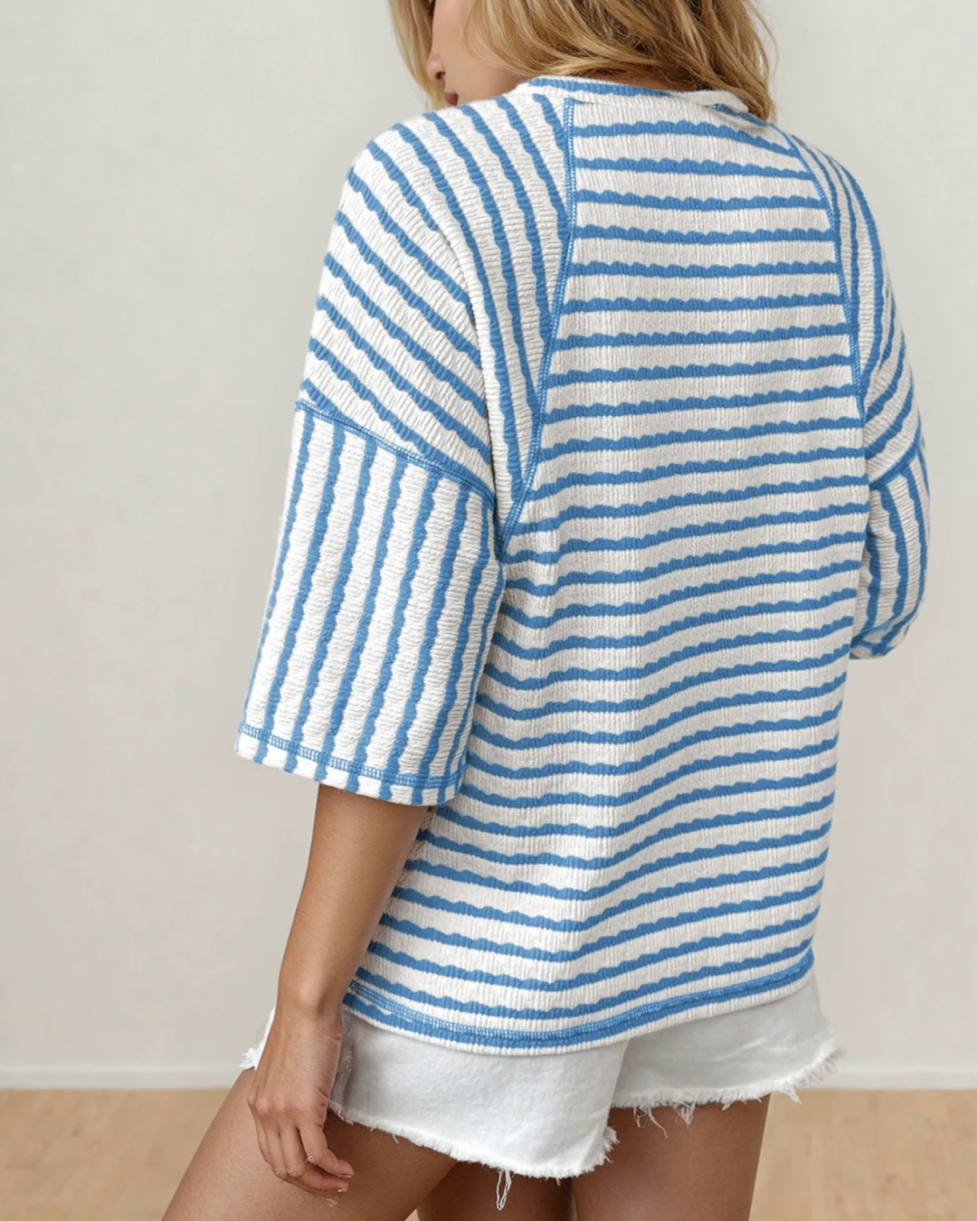 Noelle Textured Knit Split Hem Half Sleeve Loose Top - Sky Blue Indie & Co.