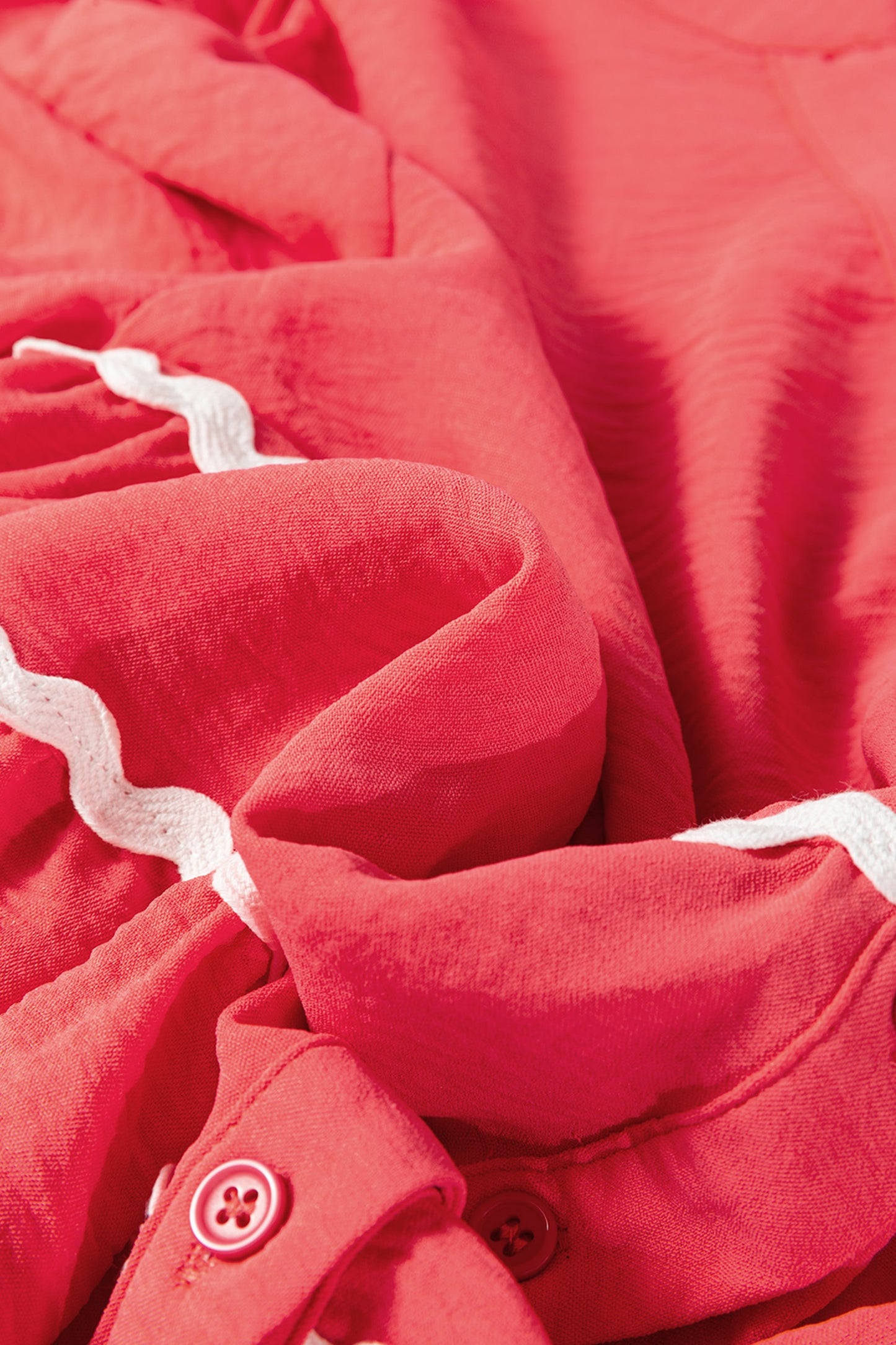 Coral Contrast Ricrac Trim V Neck Button Down Long Sleeve Shirt