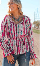 Load image into Gallery viewer, Multicolour Western Print Split Neck Peplum Blouse