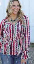 Load image into Gallery viewer, Multicolour Western Print Split Neck Peplum Blouse