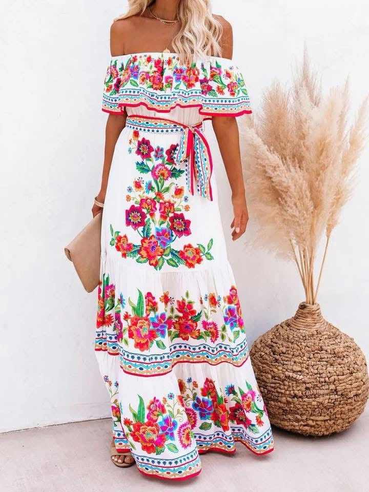 Floral Off Shoulder Ruffle Maxi Dress