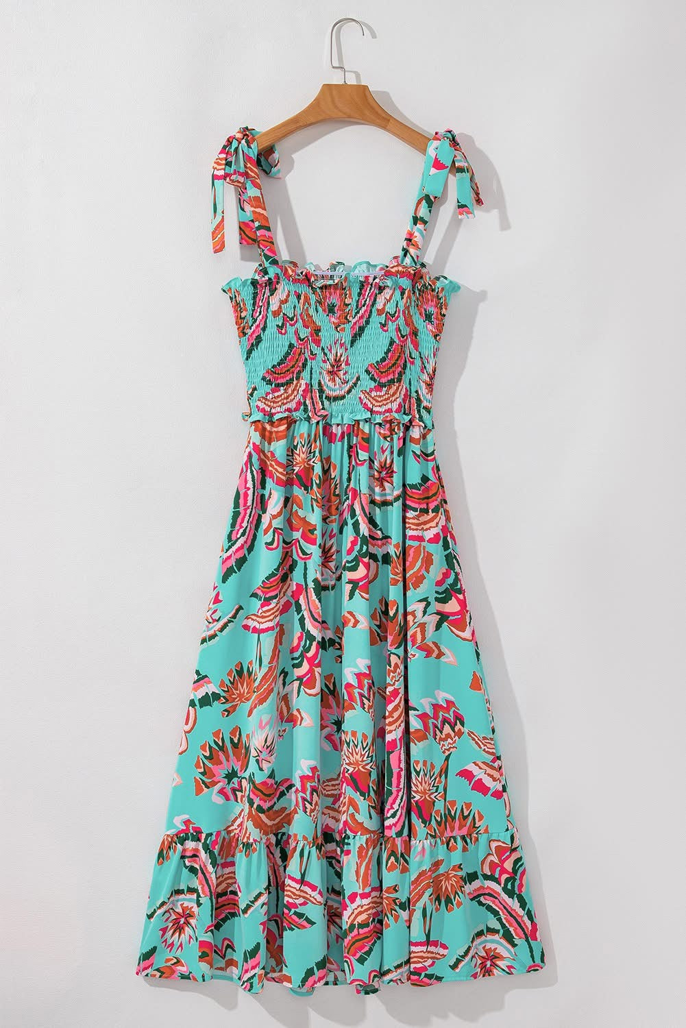 Green Abstract Smocked Bodice Knotted Straps Ruffled Maxi Dress
