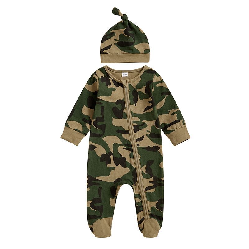 Newborn Baby Girls Boys Camouflage Military Deisgn Romper Infant Cute Zipper Casual Jumpsuit Hairband Hat Set Clothes For Girls And Boys Stevvex
