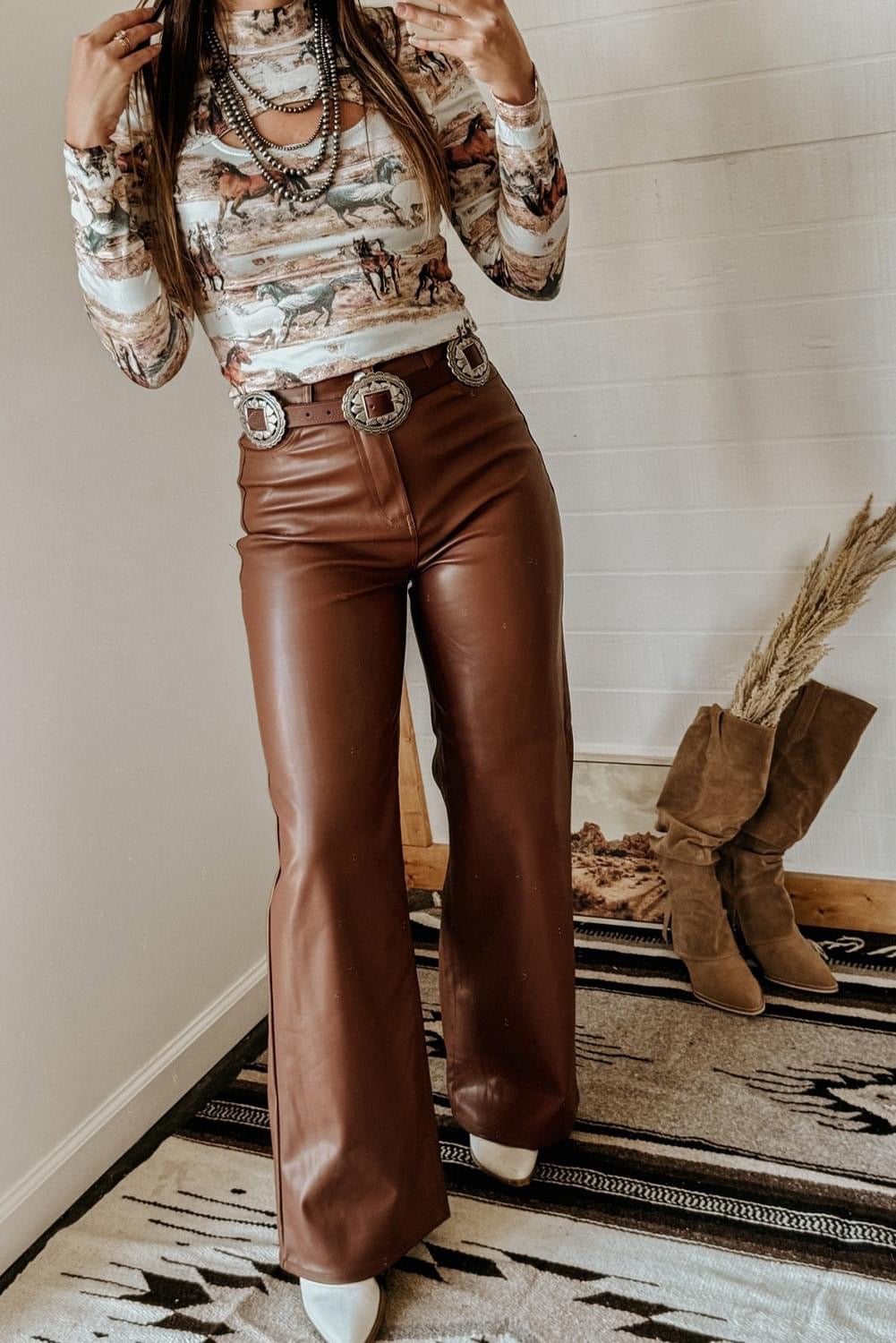 Western Wild Horse Print Hollow Out High Neck Top-(Ships 8/15)