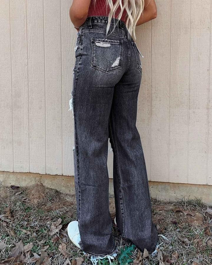 High Rise Ripped Straight Jeans