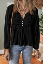 Load image into Gallery viewer, FIRST GLANCE BLACK SMOCKED BUTTON V-NECK BLOUSE **SHIPPING EXPECTED TO BEGIN ON DATE 11/5**