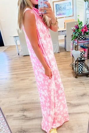 GARDEN VIEW PINK FLORAL SLEEVELESS WIDE LEG JUMPSUIT **SHIPPING EXPECTED TO BEGIN ON DATE 3/30**