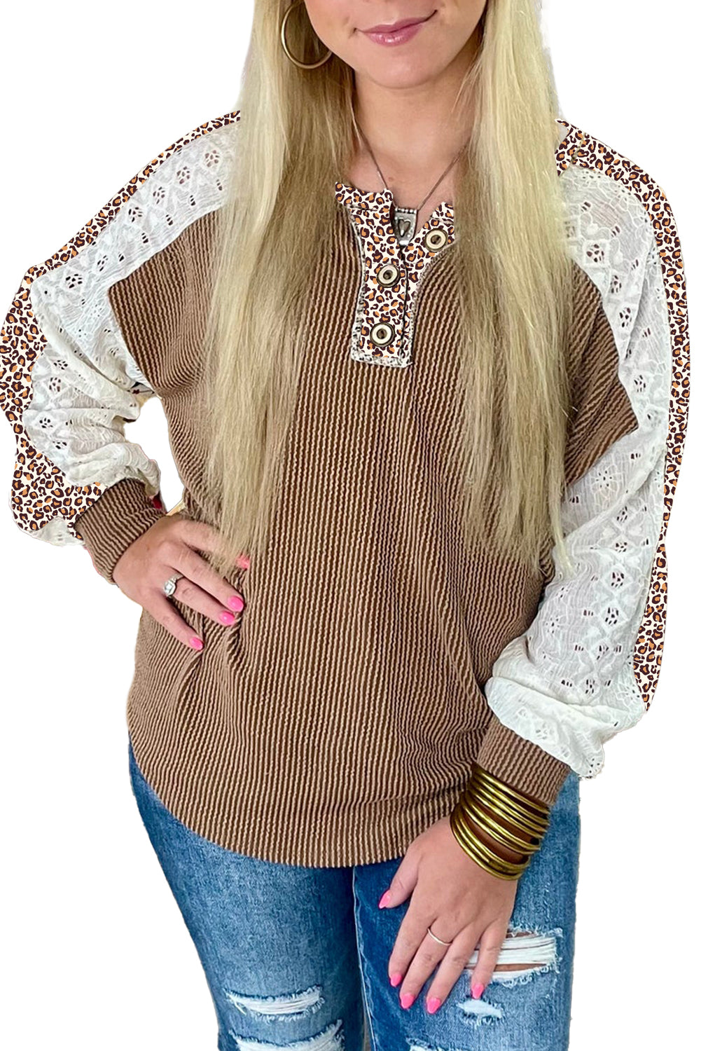 Vineyard Green Texture Patchwork Lace Sleeve Leopard Henley Top