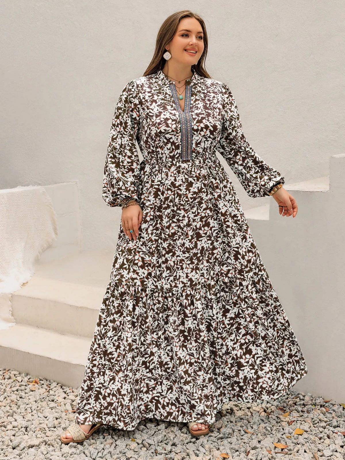 Plus Size Floral Print Long Sleeve Maxi Dress