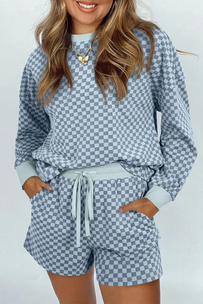 Checkerboard Long Sleeve Shorts Set