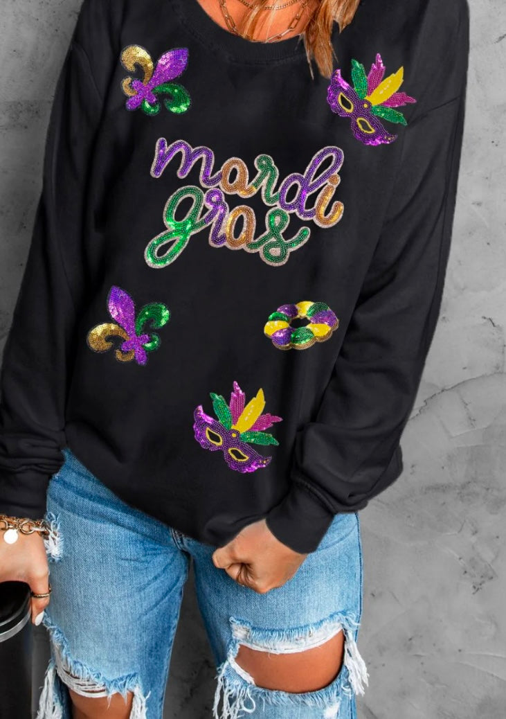 MARDI GRAS Sequin Round Neck Sweatshirt