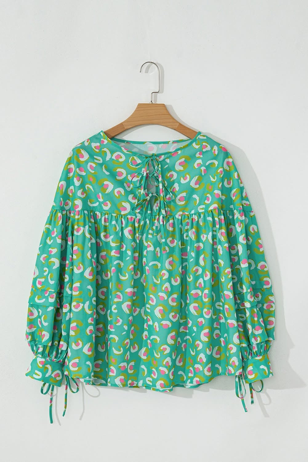 Green Abstract Lantern Sleeve Babydoll Blouse