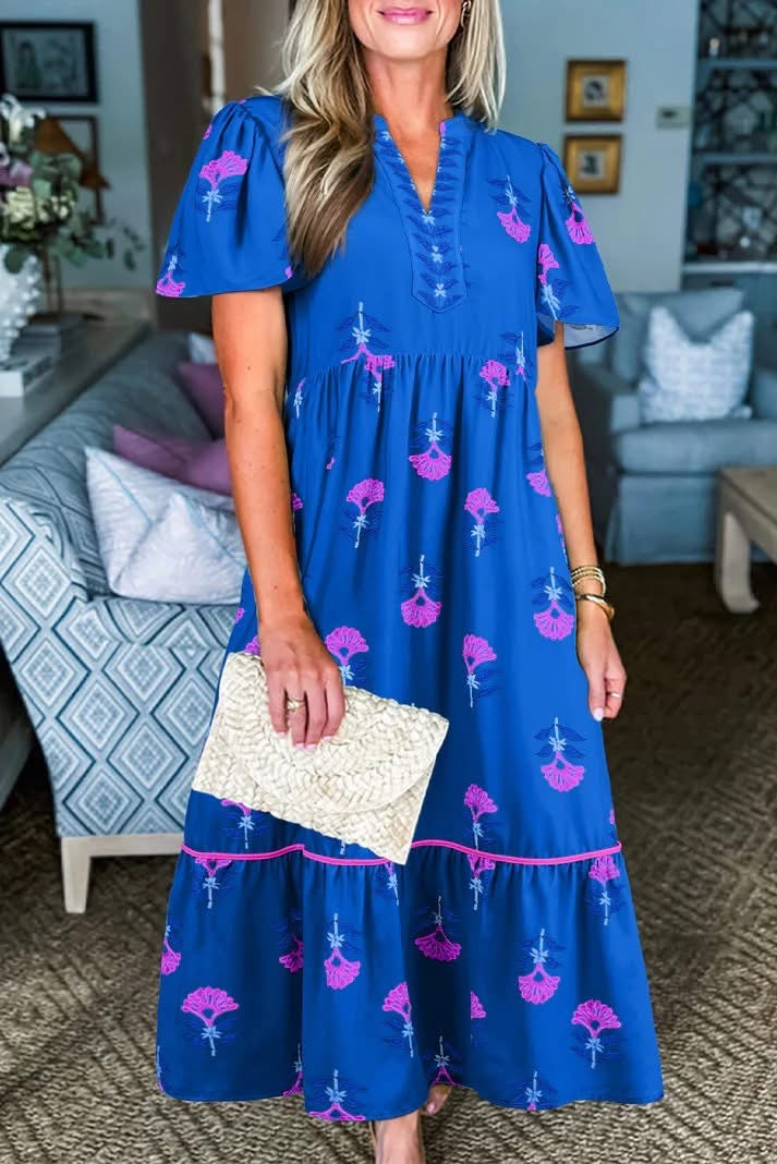 Floral Print Notched Neck Butterfly Sleeve Shift Long Dress