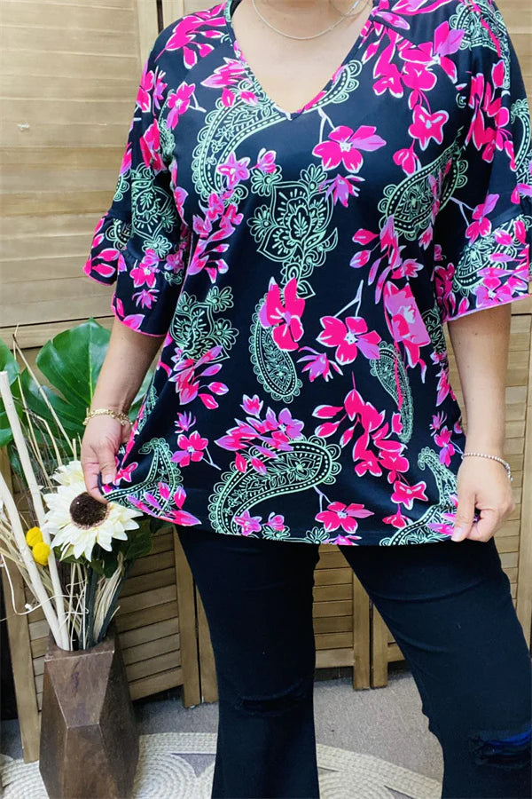 Mint Paisley Pink Floral Print Black Top