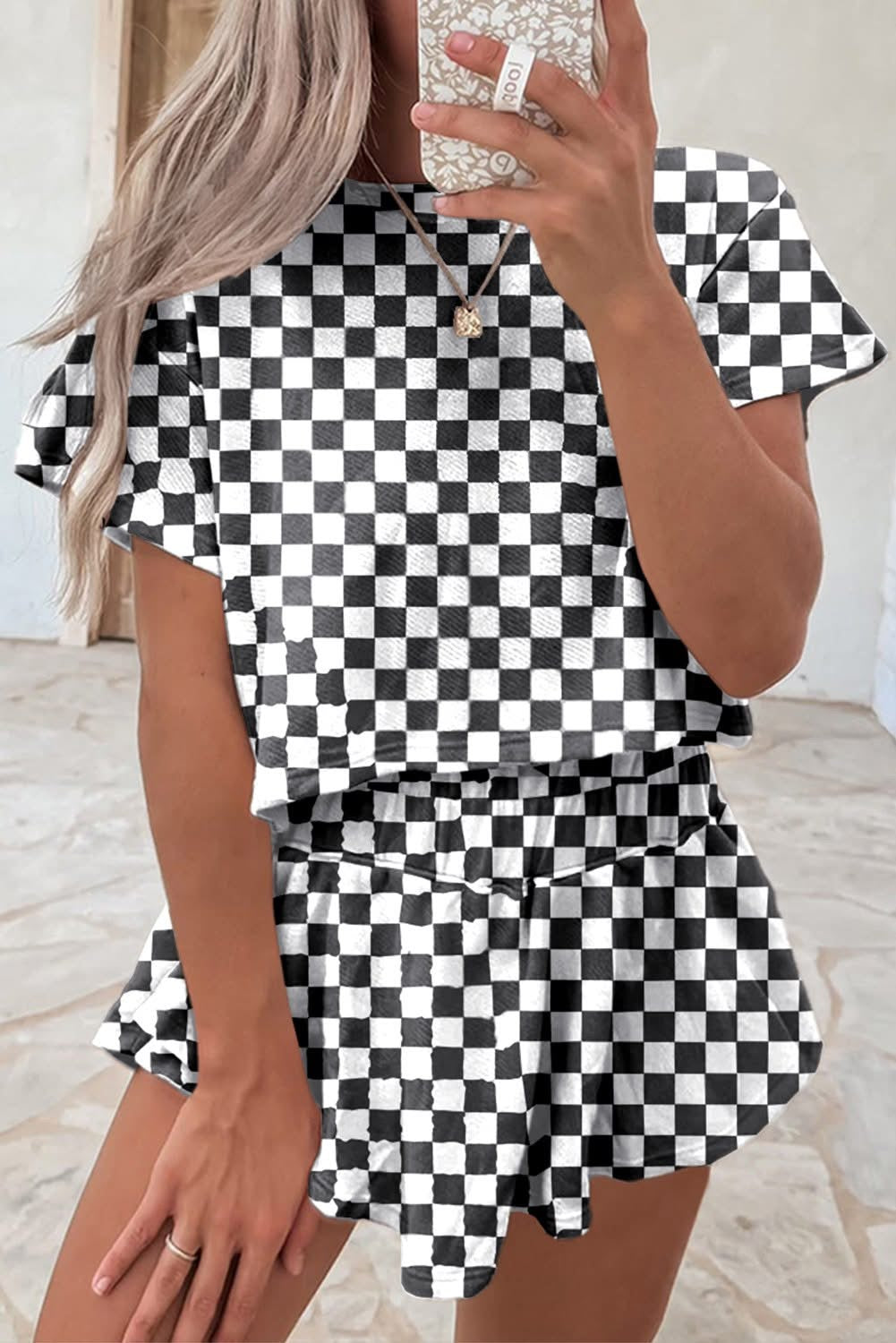 Checkerboard T Shirt High Waist Skorts Outfit