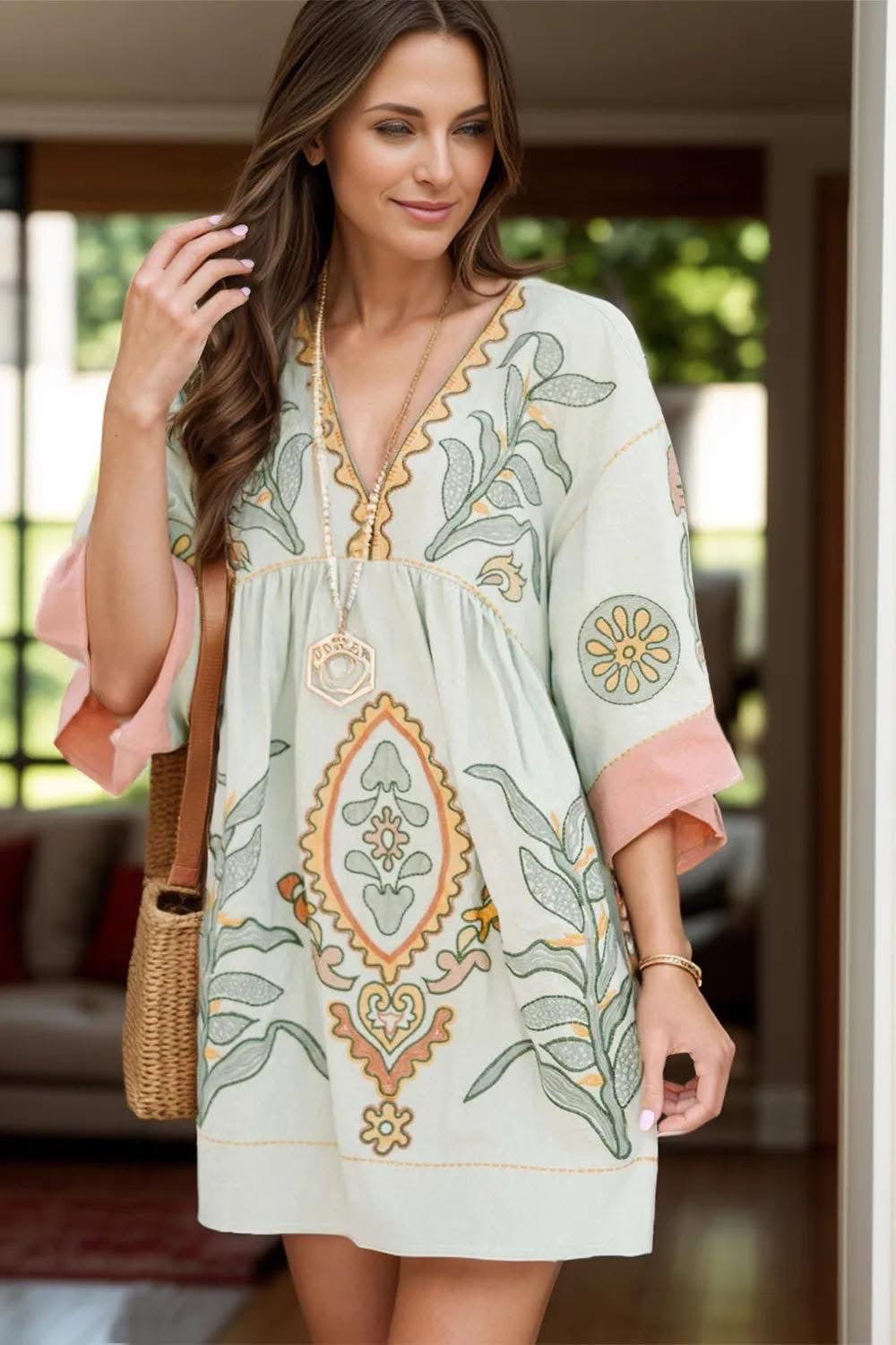 Printed Vneck Three Quarter Sleeve Mini Dress