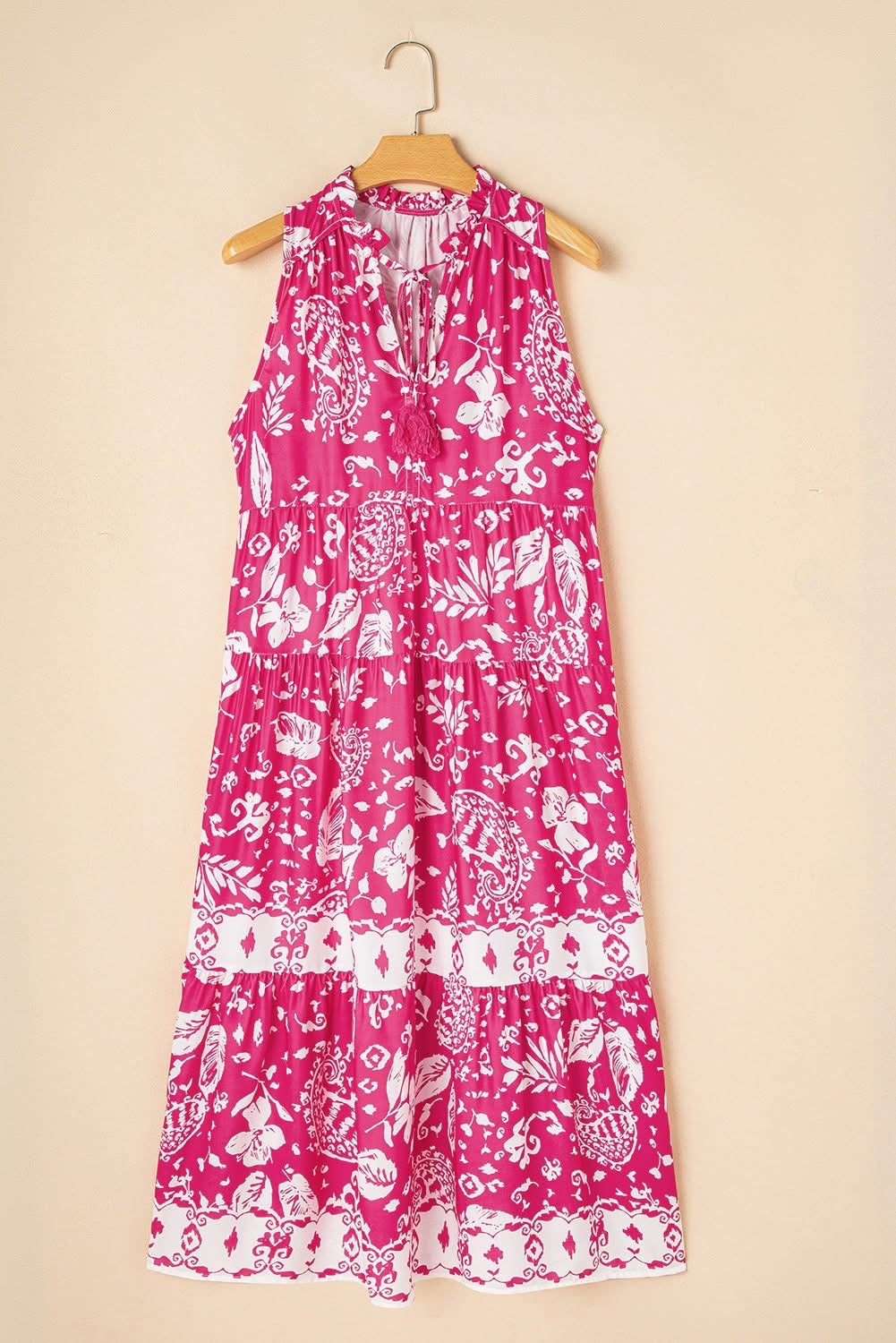 Rose Floral Tasseled Lace-up Neck Tiered Midi Dress