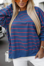 Load image into Gallery viewer, SWITCH IT UP BLUE STRIPED OVERLAP BACK PULLOVER **SHIPPING EXPECTED TO BEGIN ON DATE 8/5**