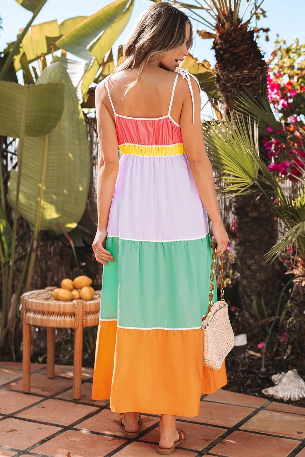 Multicolour Colorblock tie straps FLowy maxi dress