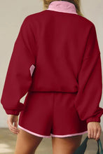 Load image into Gallery viewer, SPLIT DECISION RED DAHLIA HALF BUTTON PULLOVER AND SHORTS SET **SHIPPING EXPECTED TO BEGIN ON DATE 10/29**