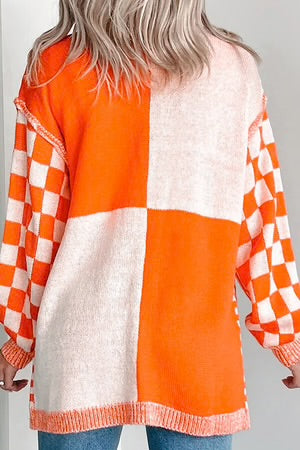 ORANGE CHECKED CARDIGAN **SHIPPING EXPECTED TO BEGIN ON DATE 8/1**