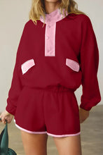 Load image into Gallery viewer, SPLIT DECISION RED DAHLIA HALF BUTTON PULLOVER AND SHORTS SET **SHIPPING EXPECTED TO BEGIN ON DATE 10/29**