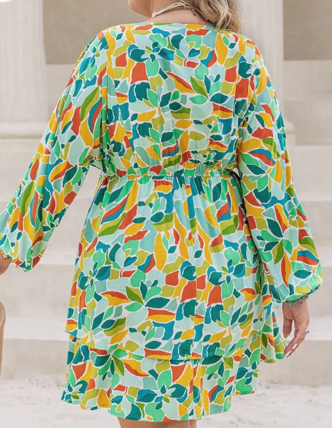 Plus Size Printed Surplice Long Sleeve Mini Dress