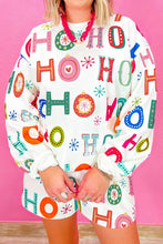 Load image into Gallery viewer, FESTIVE HO HO HO WHITE LONG SLEEVE TOP AND SHORTS PAJAMA SET **SHIPPING EXPECTED TO BEGIN ON DATE 9/02**