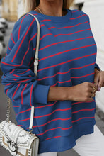 Load image into Gallery viewer, SWITCH IT UP BLUE STRIPED OVERLAP BACK PULLOVER **SHIPPING EXPECTED TO BEGIN ON DATE 8/5**