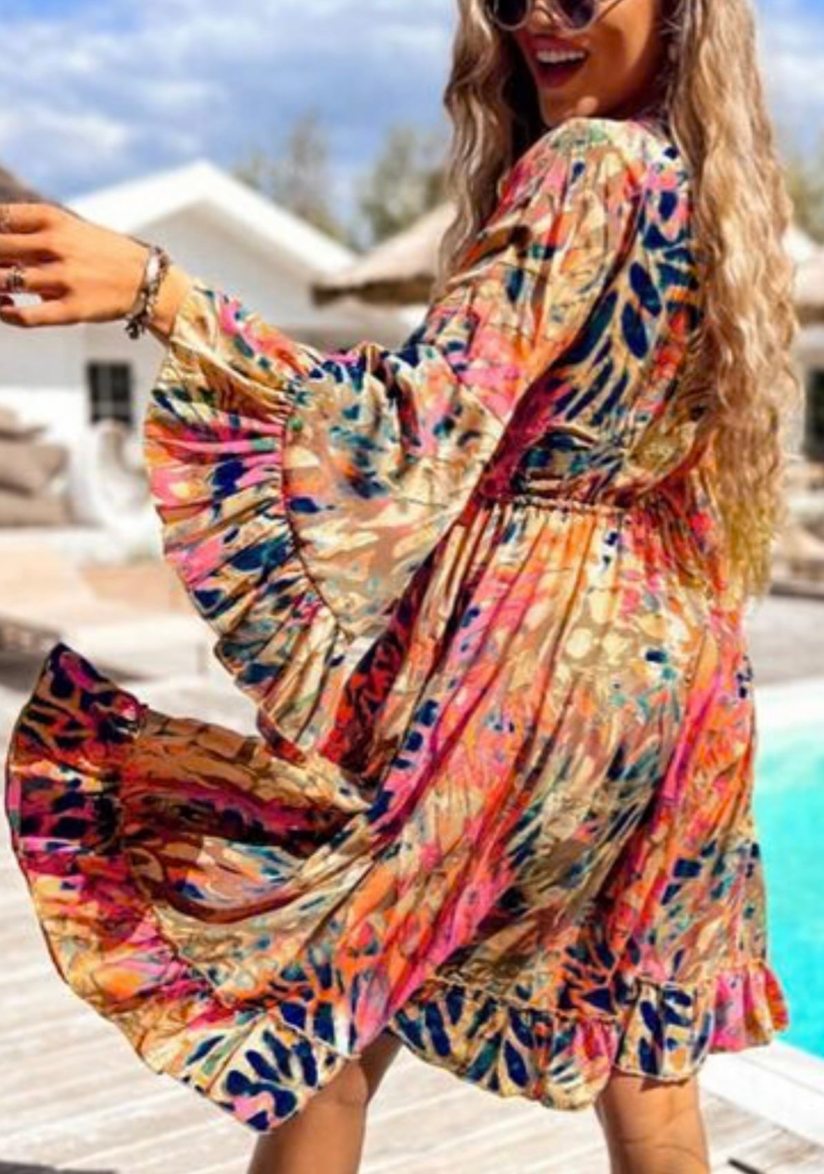 Printed Flare Sleeve Ruffled Hem Dress
