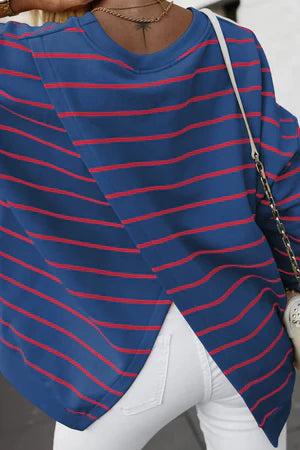 SWITCH IT UP BLUE STRIPED OVERLAP BACK PULLOVER **SHIPPING EXPECTED TO BEGIN ON DATE 8/5**