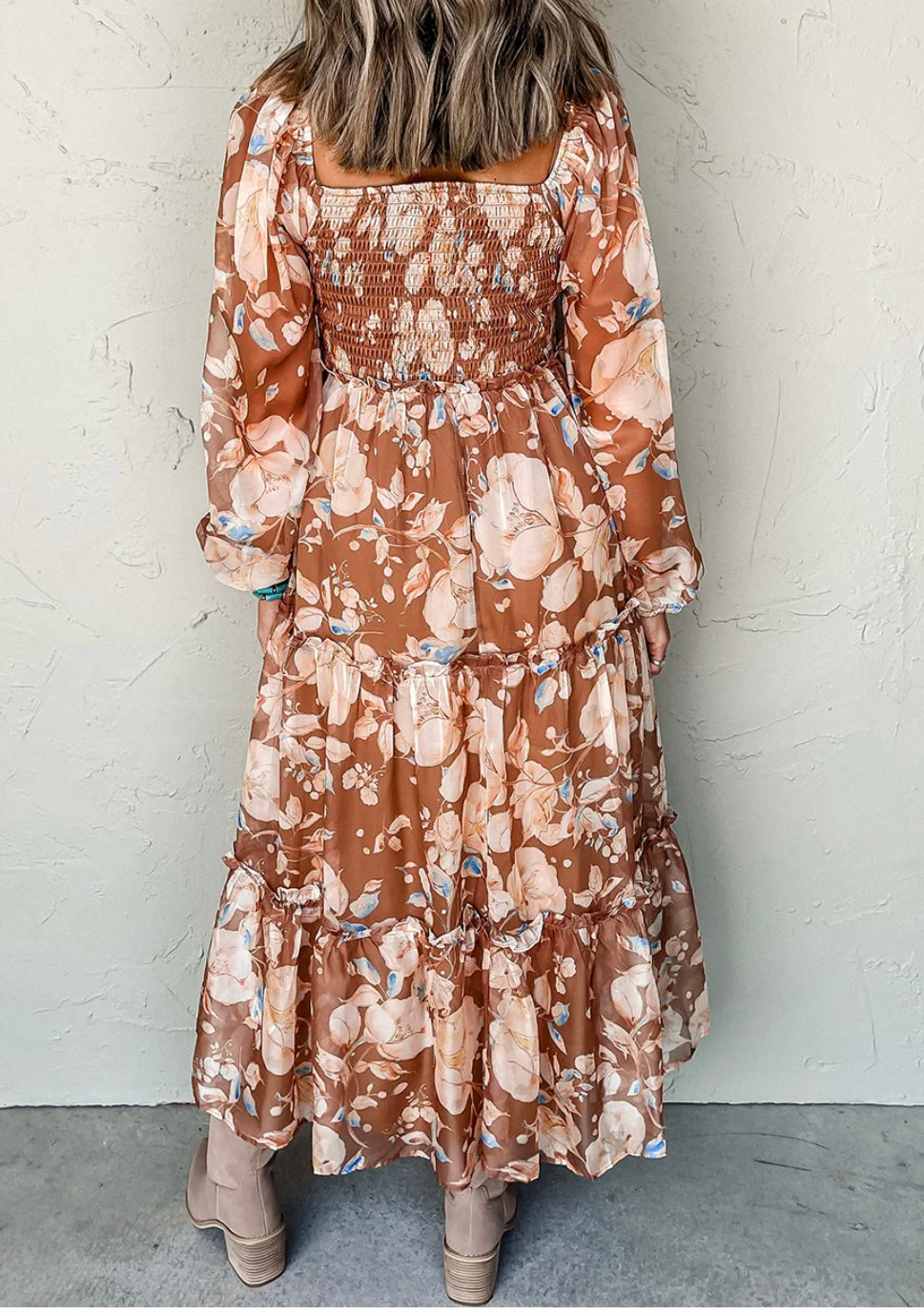 Floral Print Shirred Square Neck High Waist Maxi Dress
