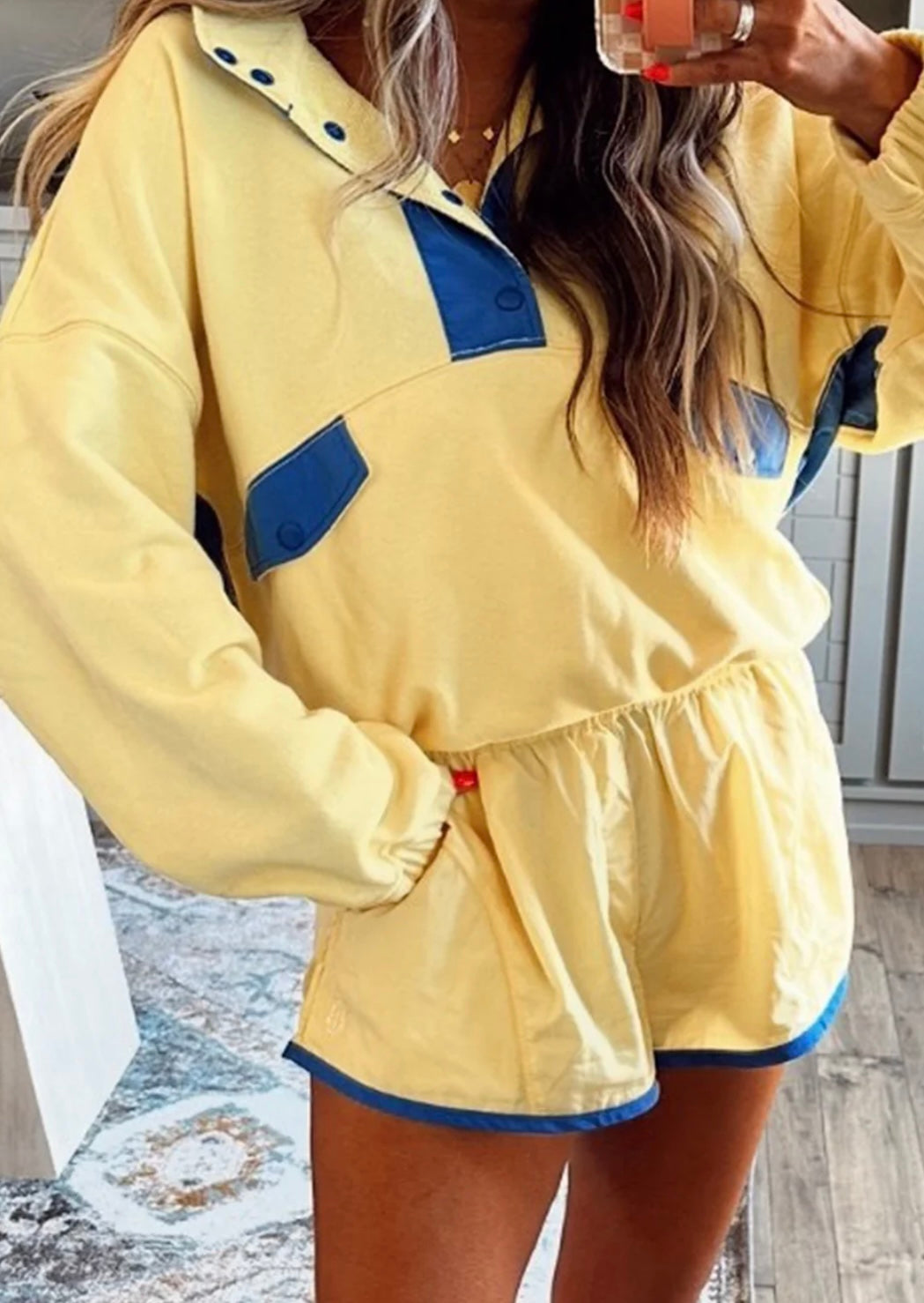 Color Block Patchwork Half Button Pullover and Shorts 2pcs Outfit