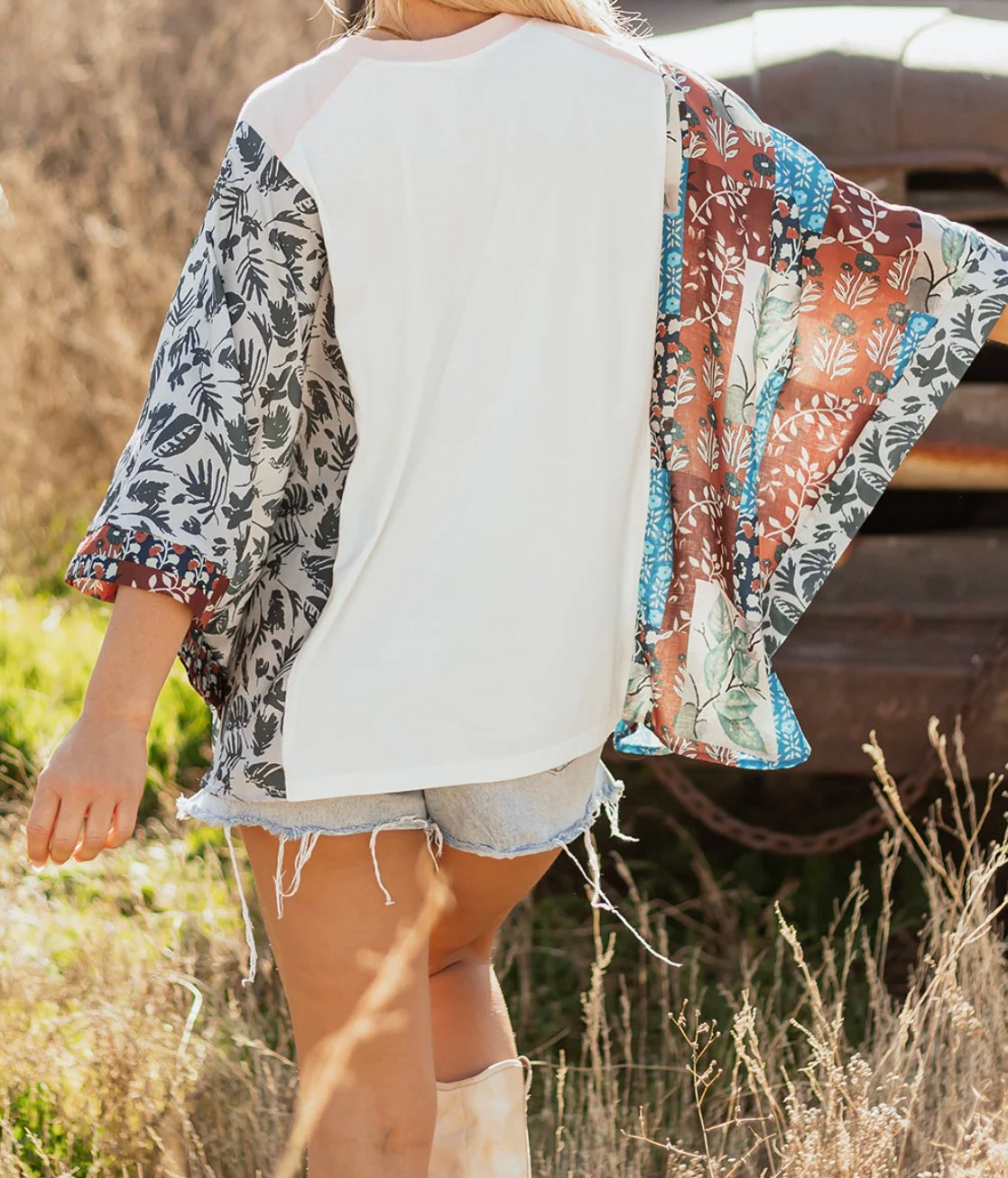 Asymmetric Printed Patchwork Sleeve Peace Desert Graphic Top